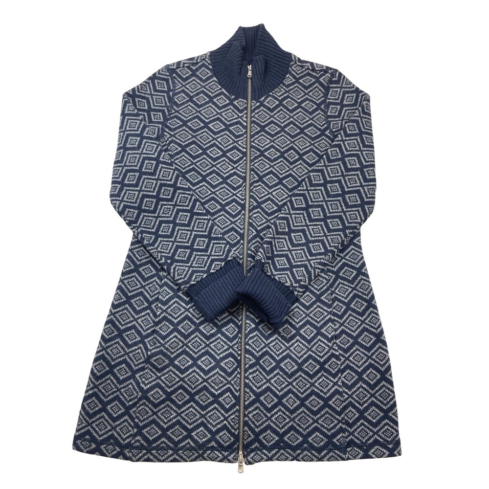AKINI Coatigan Womens Large Blue Geometric Knit Full Zip Thumbhole Cuffs